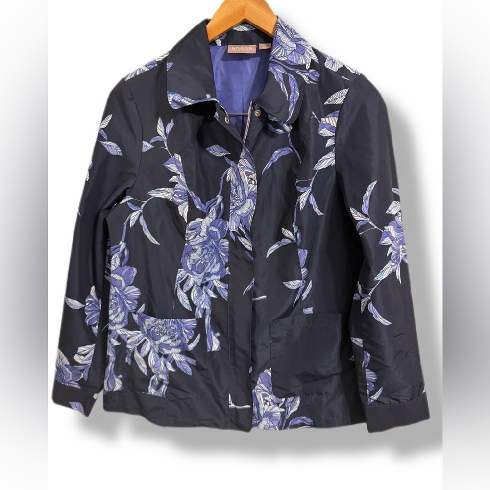 Chico’s Navy Floral Lightweight Jacket | Silver Zip | Lined | Size 0 (S–M)
